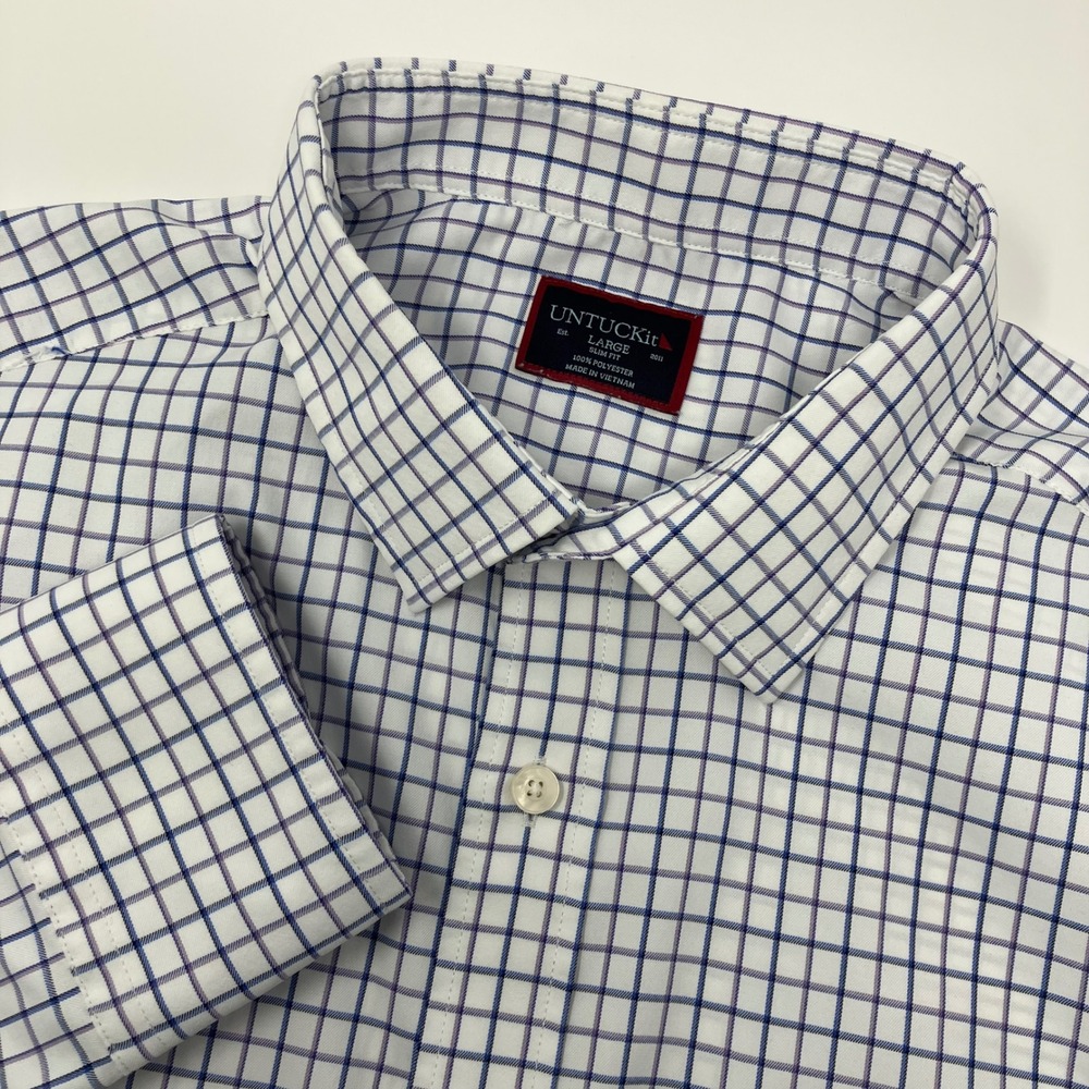 UNTUCKit Men's Large Slim Fit Shirt Blue Purple Tattersall Check Performance